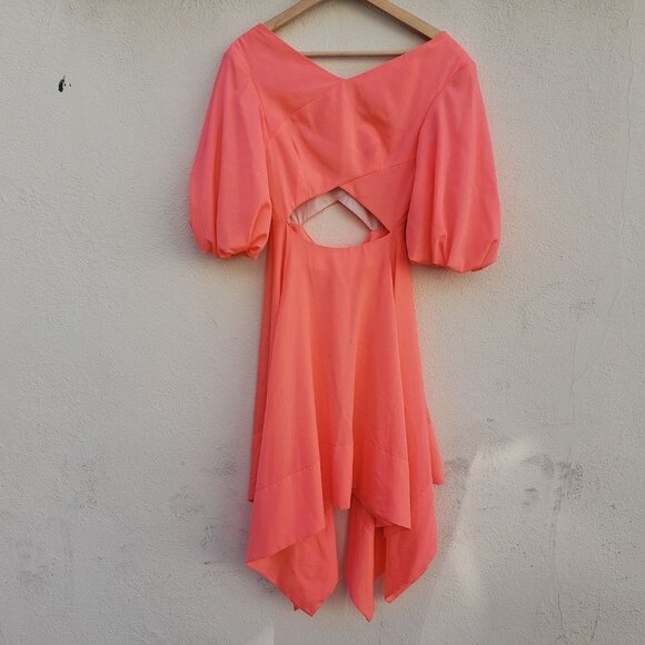 NICHOLAS Coral Neon Orange Puff Sleeve Cutout Asymmetric Dress - Picture 6 of 7